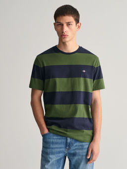 GANT - Men Green Striped Round Neck Short Sleeves T-shirt
