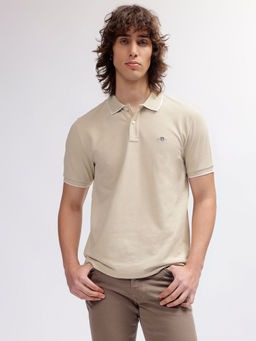 GANT - Men Beige Solid Polo T-Shirt