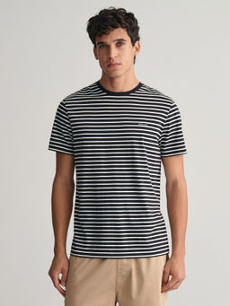 GANT - Men Black Striped Round Neck Short Sleeves T-Shirt