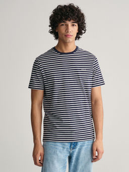 GANT - Men Navy Blue Striped Round Neck Short Sleeves T-Shirt