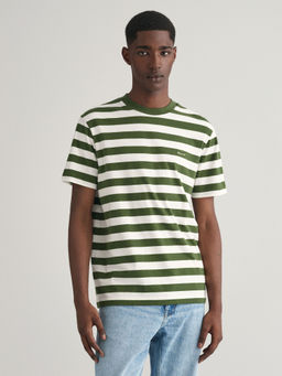 GANT - Men Green Striped Round Neck Short Sleeves T-Shirt