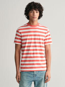 GANT - Men Pink Striped Round Neck Short Sleeves T-Shirt