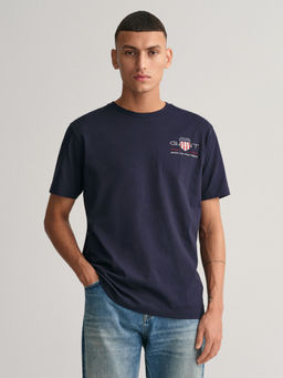 GANT - Men Navy Blue Solid Round Neck Short Sleeves T-Shirt