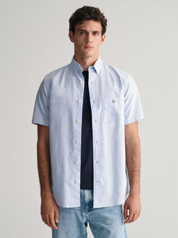 GANT - Men Blue Solid Button-down Collar Long Sleeves Shirt