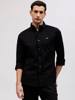 GANT - Men Black Solid Button-down Collar Full Sleeves Shirt