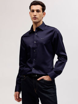 GANT - Men Navy Blue Solid Spread Collar Full Sleeves Shirt