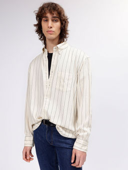 GANT - Men Cream Striped Button Down Full Sleeves Shirt