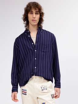 GANT - Men Navy Blue Striped Button Down Full Sleeves Shirt