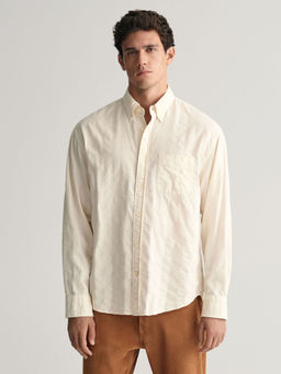 GANT - Men Cream Striped Button Down Collar Full Sleeves Shirt