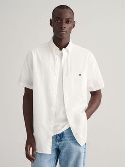 GANT - Men White Solid Button Down Collar Short Sleeves Shirt