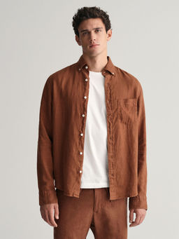 GANT - Men Brown Solid Button-down Collar Long Sleeves Shirt