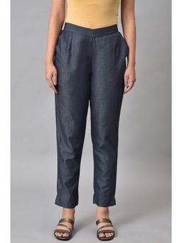 Aurelia - Blue Solid Straight Fit Cotton Pant