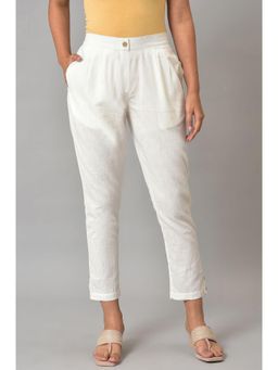 Aurelia - White Solid Straight Leg Cotton Pant