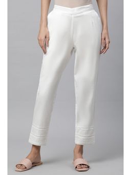 Aurelia - White Solid Lace Trim Straight Leg Cotton Pant