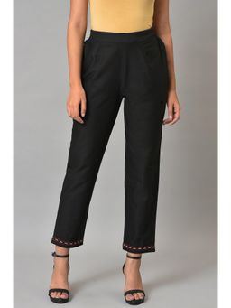 W - Black Solid Embroidered Ankle Length Cotton Slim Pant