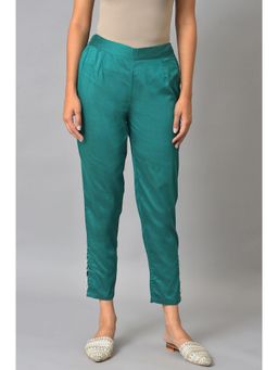 W - Green Solid Beaded Mid Rise Slim Pant