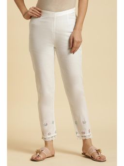 W - Solid White Floral Embroidered Mid Rise Cotton Slim Pant