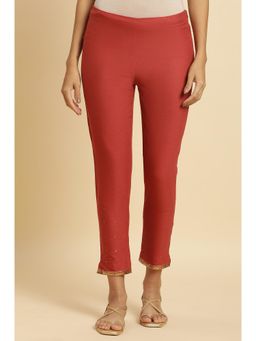 W - Red Solid Sequined Mid Rise Cotton Slim Pant