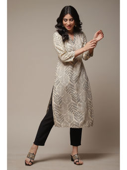 Biba - Womens Beige Printed Rayon Straight Kurta