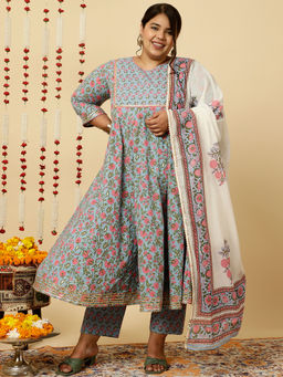 Jaipur Kurti - Plus Size Blue Ethnic Print Anarkali Kurta with Pant and Dupatta (Set of 3)
