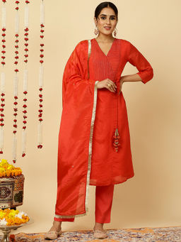 Jaipur Kurti - Red A-Line Silk Kantha Work Angarkha Kurta with Pant and Dupatta (Set of 3)