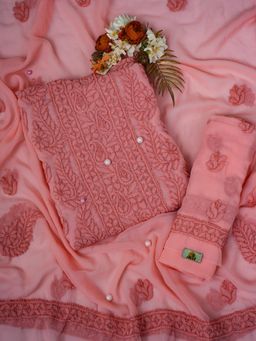ADA - Hand Embroidered Peach Georgette Lucknowi Chikankari Dress Material - A211289 (Set of 3)