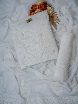 ADA - Hand Embroidered White Georgette Lucknowi Chikankari Dress Material - A211314 (Set of 3)