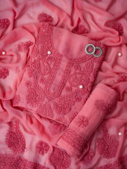 ADA - Hand Embroidered Salmon Peach Georgette Lucknowi Chikankari Dress Material - A211315 (Set of 3)