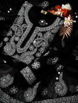 ADA - Embroidered Black Chikankari Georgette Unstitched Kurta with Bottom and Dupatta (Set of 3)