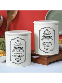 Voncasa - Metal Biscuite & Namkeen Jar Set - Each Ivory & 1700 Ml