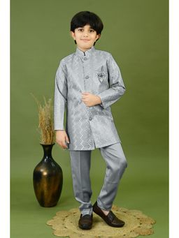 BT DEZINES - Boys Grey Satin Zigzag Embroidered Sequined Sherwani and Trouser