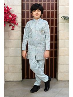 BT DEZINES - Boys Sky Blue Satin Floral Embroidered Sequined Sherwani and Trouser