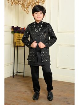 BT DEZINES - Boys Black Embroidered Sherwani, Shrug, Trouser & Necklace (Set of 4)