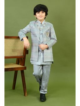 BT DEZINES - Boys Grey Satin Chevron Embroidered Sherwani, Trouser & Necklace (Set of 3)