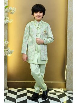 BT DEZINES - Boys Mint Green Embroidered Sherwani, Trouser & Necklace (Set of 3)