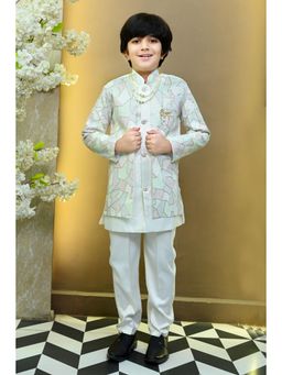 BT DEZINES - Boys White Colorblock Embroidered Sherwani, Trouser & Necklace (Set of 3)