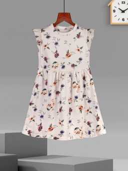 HELLCAT - Girls Beige Floral Printed Ruffle Sleeve Casual Knee Length Dress