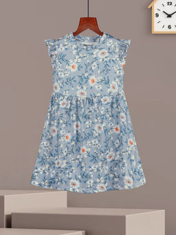 HELLCAT - Girls Bluish Grey Floral Printed Ruffle Sleeve Casual Knee Length Dress