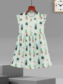 HELLCAT - Girls Mint Green Printed Ruffle Sleeve Casual Knee Length Dress