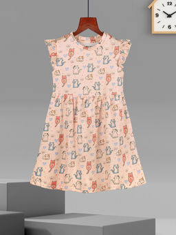 HELLCAT - Girls Peach Printed Ruffle Sleeve Casual Knee Length Dress