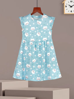 HELLCAT - Girls Sky Blue Printed Ruffle Sleeve Casual Knee Length Dress
