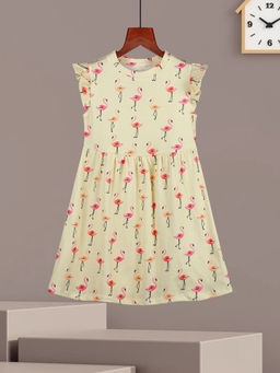 HELLCAT - Girls Yellow Printed Ruffle Sleeve Casual Knee Length Dress