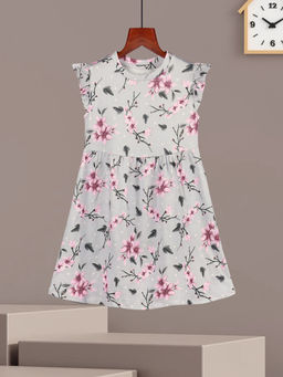 HELLCAT - Girls Light Grey Floral Printed Ruffle Sleeve Casual Knee Length Dress