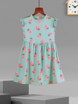HELLCAT - Girls Sea Green Printed Ruffle Sleeve Casual Knee Length Dress