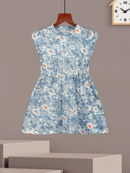 HELLCAT - Girls Bluish Grey Floral Printed Cap Sleeve Casual Knee Length Dress
