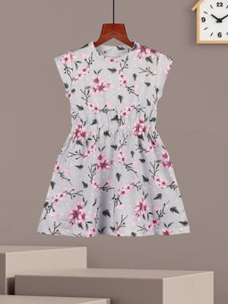 HELLCAT - Girls Light Grey Floral Printed Cap Sleeve Casual Knee Length Dress