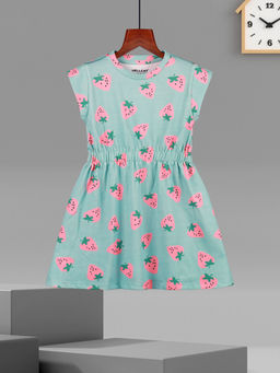 HELLCAT - Girls Sea Green Printed Cap Sleeve Casual Knee Length Dress
