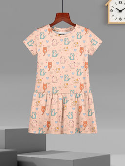 HELLCAT - Girls Peach Printed Half Sleeve Casual Knee Length Dress