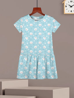 HELLCAT - Girls Sky Blue Printed Half Sleeve Casual Knee Length Dress