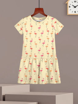 HELLCAT - Girls Yellow Printed Half Sleeve Casual Knee Length Dress